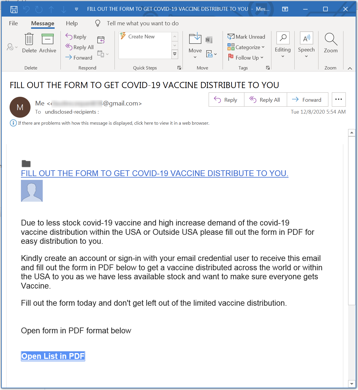 Covid Vaccine Scam Phishing Email Example